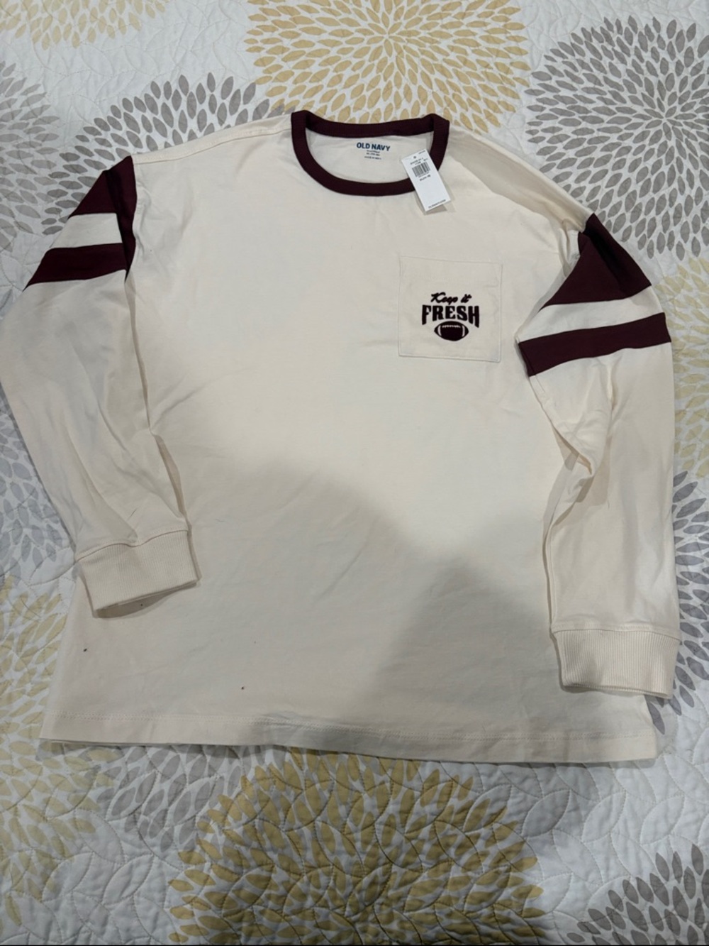 Old Navy Cream Long Sleeve Tee with Burgundy Accents